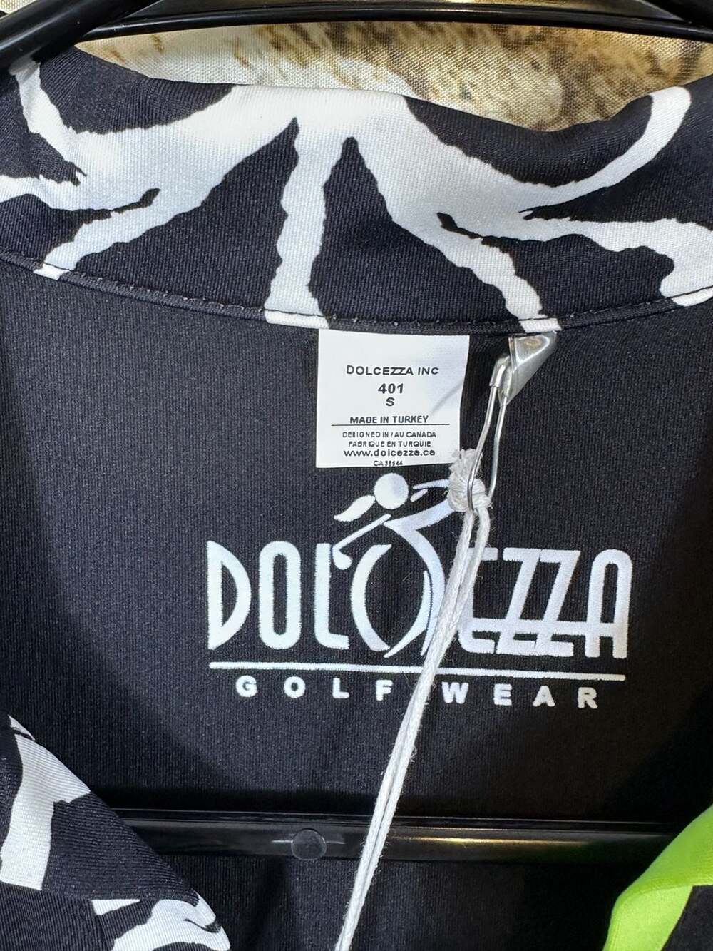 Dolcezza Golf Wear Polo Shirt - Black and White Patterned with Lime Green Trim - Picture 6 of 6